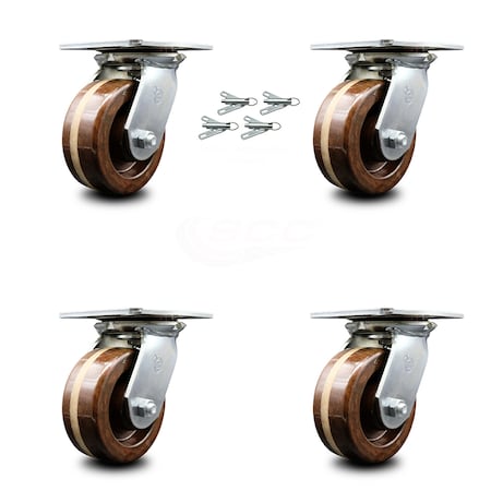 Heavy Duty Large Top Plate High Temperature Phenolic Swivel Caster Set of 4 w/5" x 2" Brown Wheels - Includes 4 Swivel w/Bolt on Swivel Locks - 4000 lbs Total Capacity - Service Caster Brand